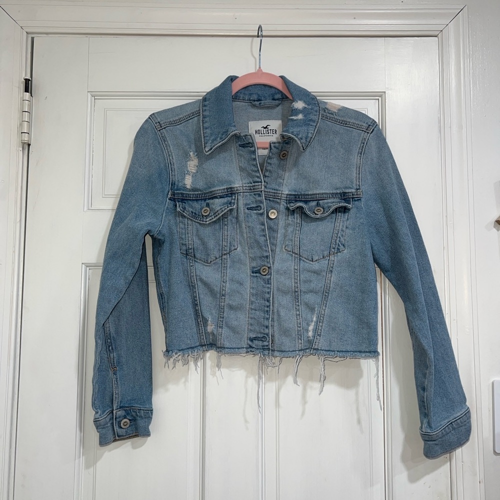 Hollister Women's Distressed Light Blue Jean Jacket